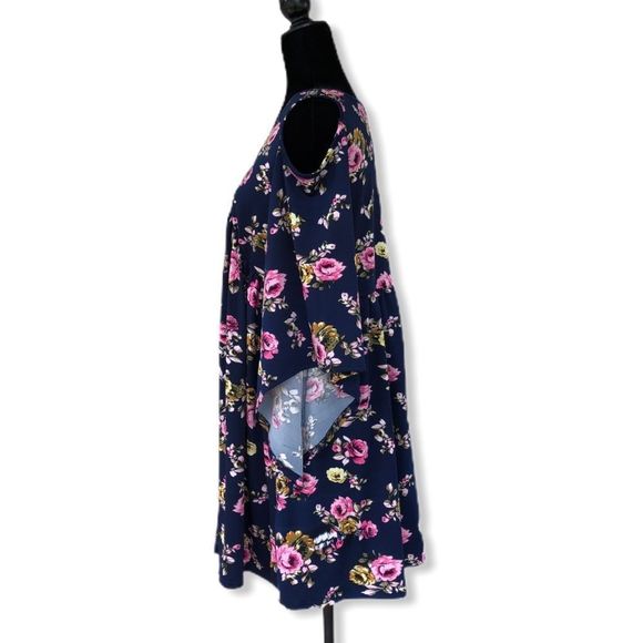 Southern Stitch Cold Shoulder Navy Floral Lace Trim Tunic Dress - Picture 3 of 9